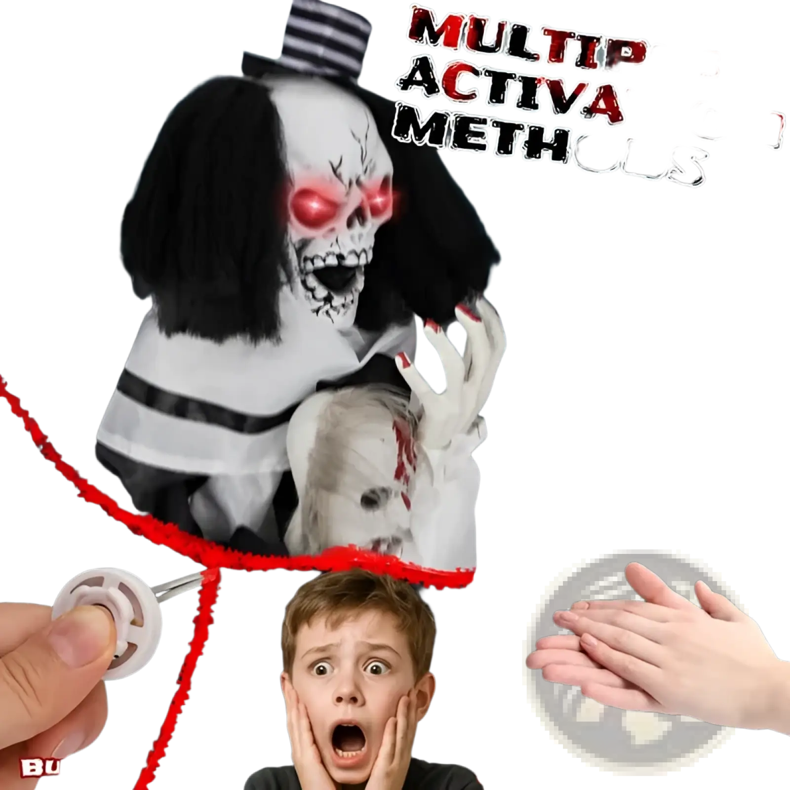 A spooky animated skeleton with glowing red eyes black hair and striped top hat sound activated halloween decoration