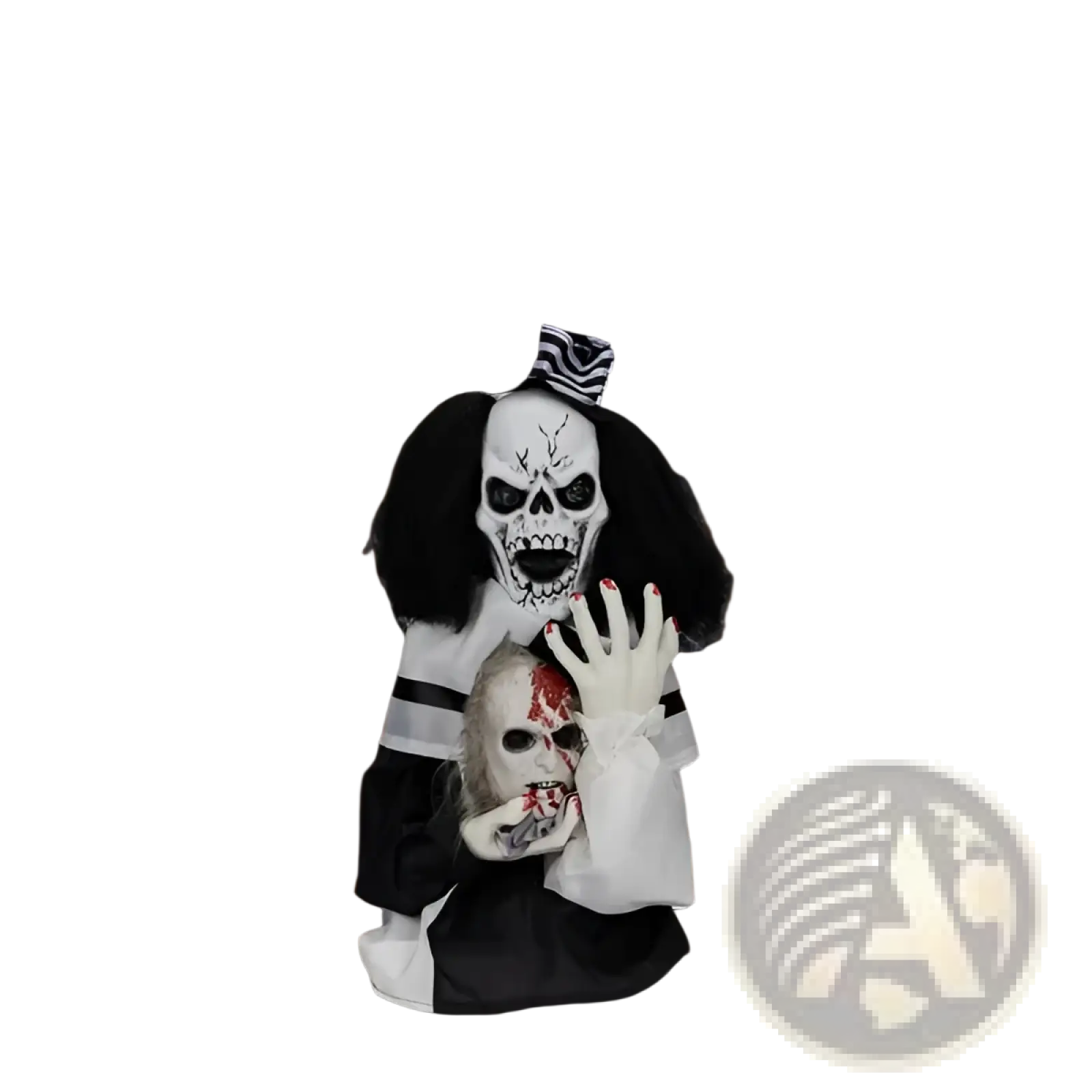 Scary clown halloween decoration with skull face, long black hair, striped hat, sound activated 1.8ft tall figure