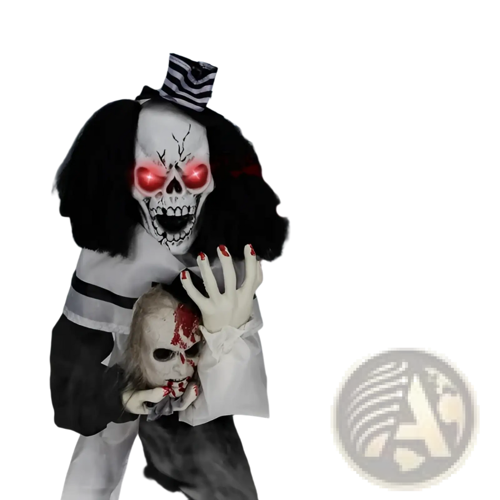 Spooky animated scary clown halloween decoration with glowing red eyes black and white striped hat and skull mask