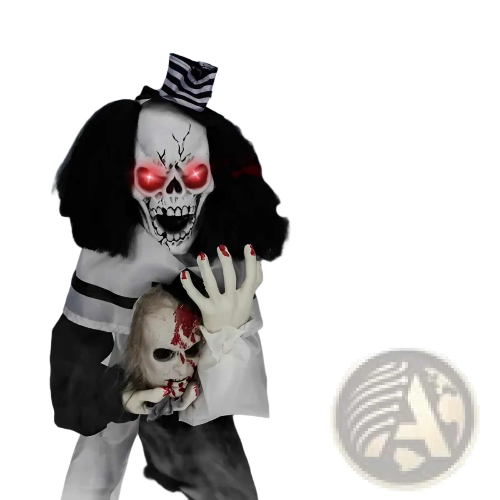 Spooky animated scary clown halloween decoration with glowing red eyes black and white striped hat and skull mask