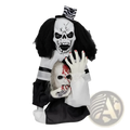 Black and white scary clown halloween decoration with skull face curly hair striped top hat holding bloody doll head