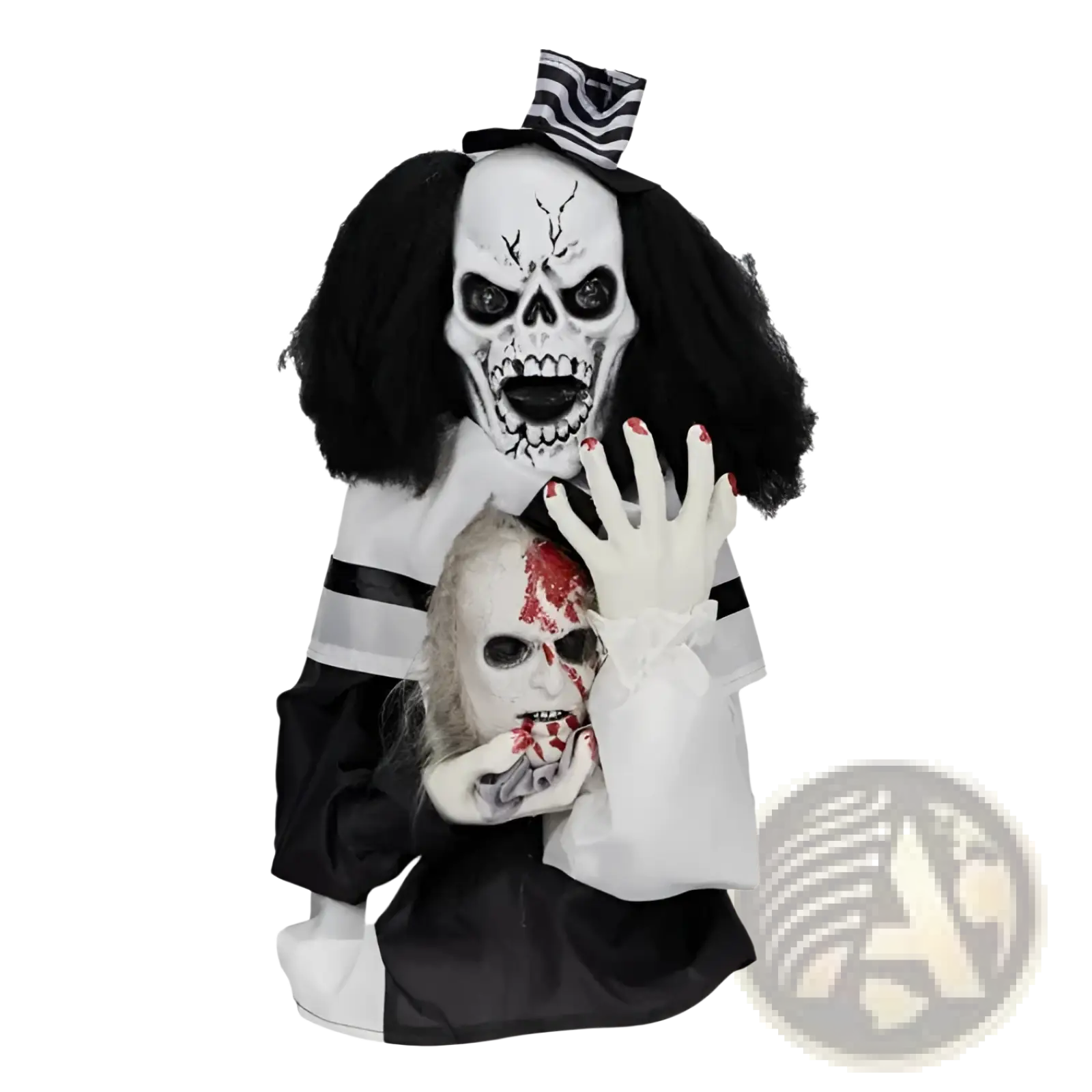 Black and white scary clown halloween decoration with skull face curly hair striped top hat holding bloody doll head