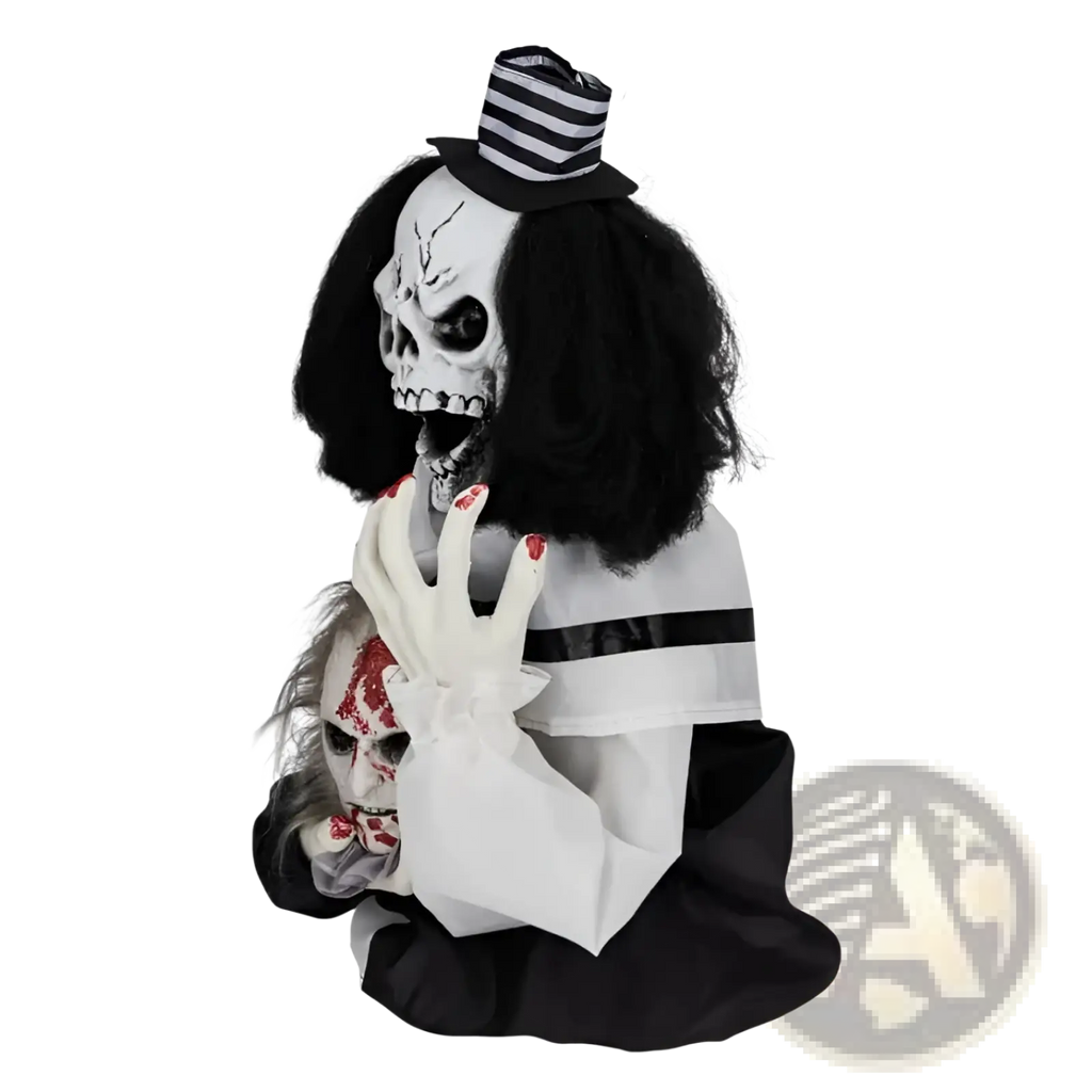 A black and white skeleton figure with curly hair wearing a striped top hat holding a bloody face in a scary clown halloween decoration sound activated 1.8ft