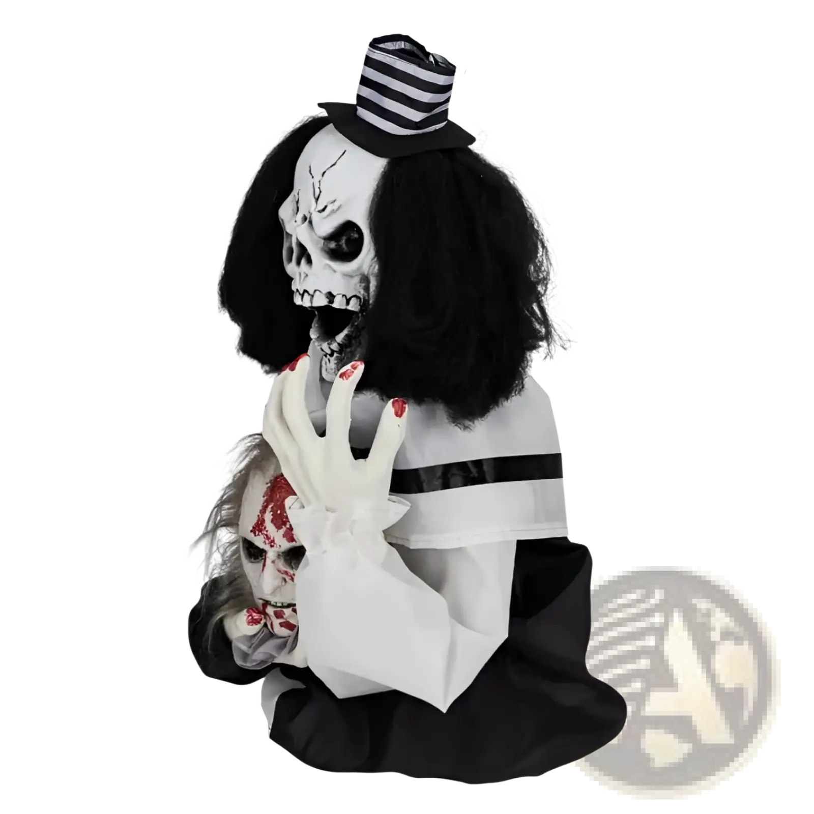 A black and white skeleton figure with curly hair wearing a striped top hat holding a bloody face in a scary clown halloween decoration sound activated 1.8ft