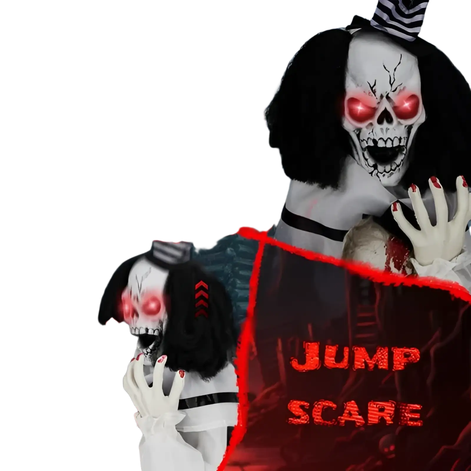 A spooky 1.8ft sound activated halloween decoration featuring an animated skeleton with glowing red eyes and black pigtails
