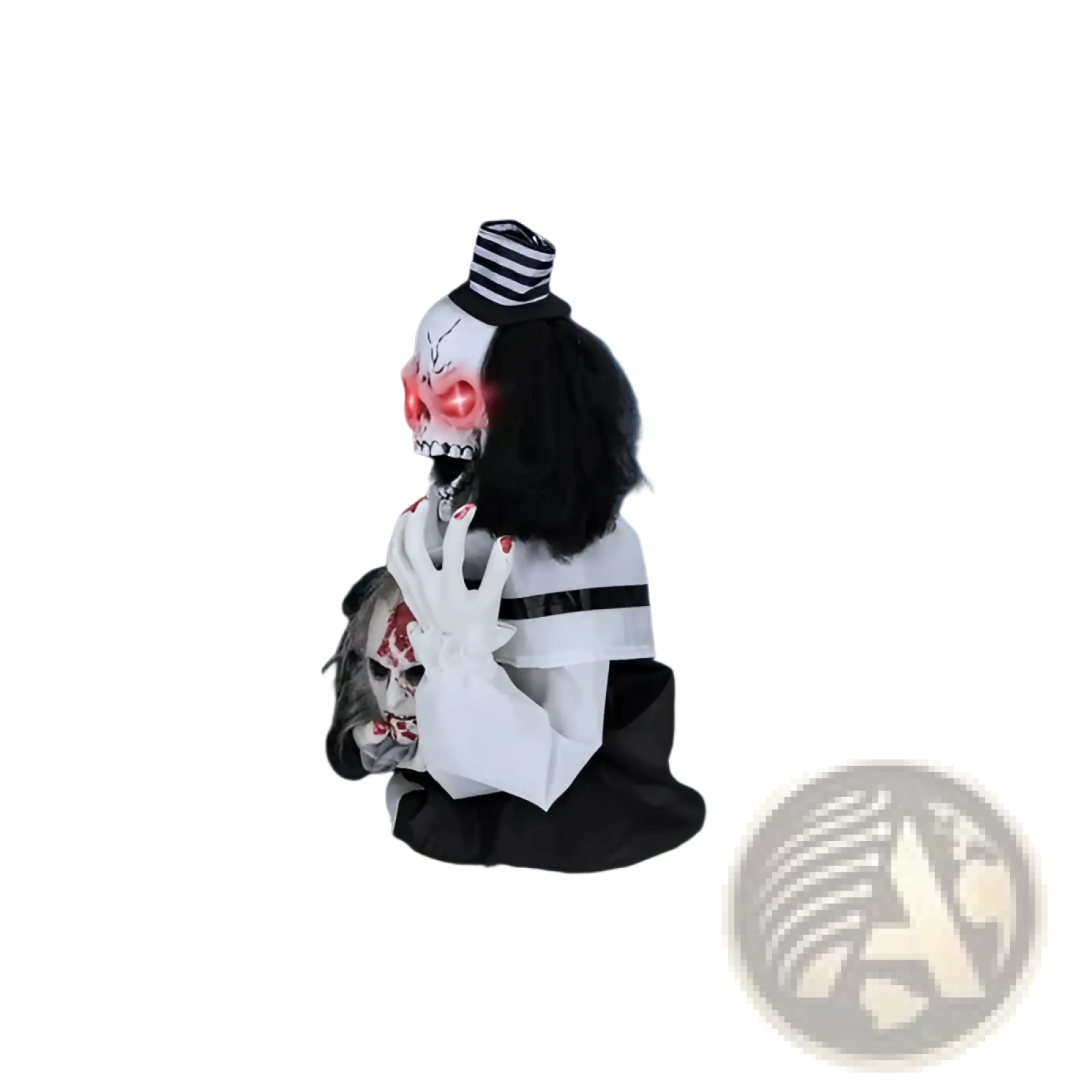 Black and white scary clown halloween decoration with skull face, striped top hat, sound activated, 1.8ft tall