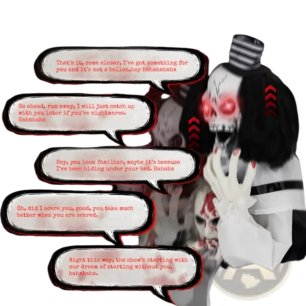 A spooky animated talking skeleton in a white sailor outfit with black stripes and red glowing eyes for halloween decor