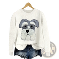 A cream-colored knit sweater featuring an embroidered schnauzer face in gray and white for casual wear