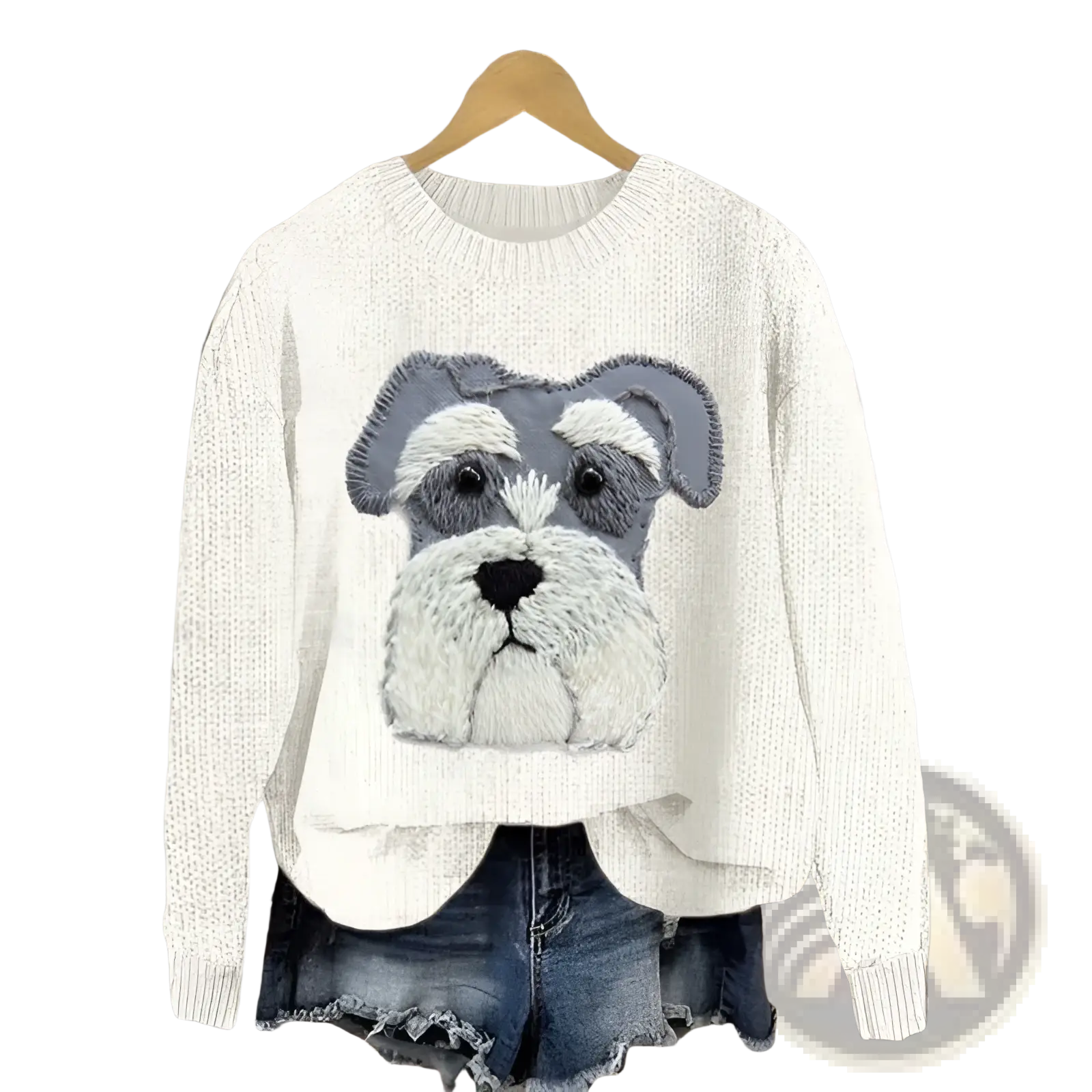 A cream-colored knit sweater featuring an embroidered schnauzer face in gray and white for casual wear