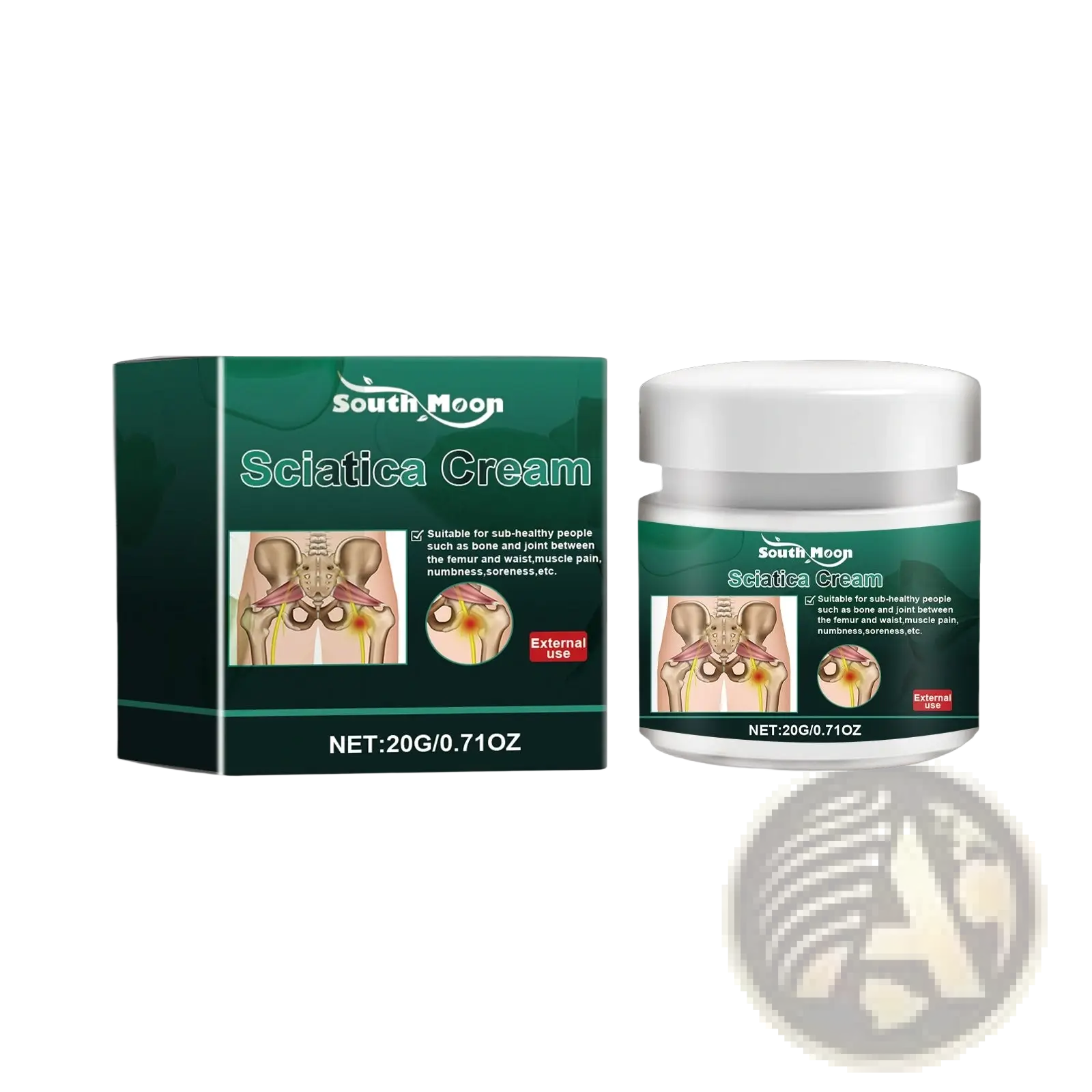 Sciatica cream south moon herbal extract 20g in a white jar with green label and matching dark green box for pain relief
