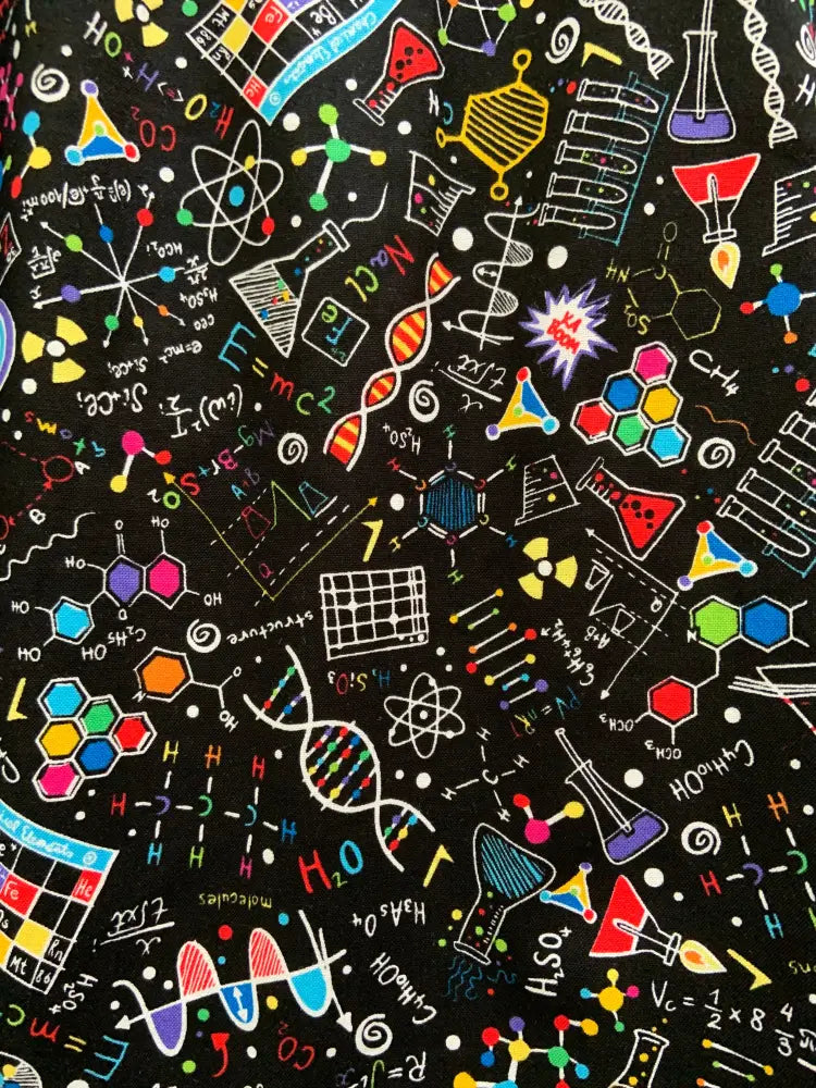 Black scientific print a-line cotton skirt xl with pockets featuring colorful dna and atomic pattern