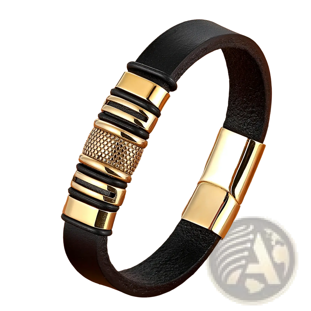 Black leather scorpion bracelet with gold magnetic clasp and textured central gold tone metal accents
