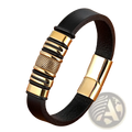 Black leather scorpion bracelet with gold magnetic clasp and textured central gold tone metal accents