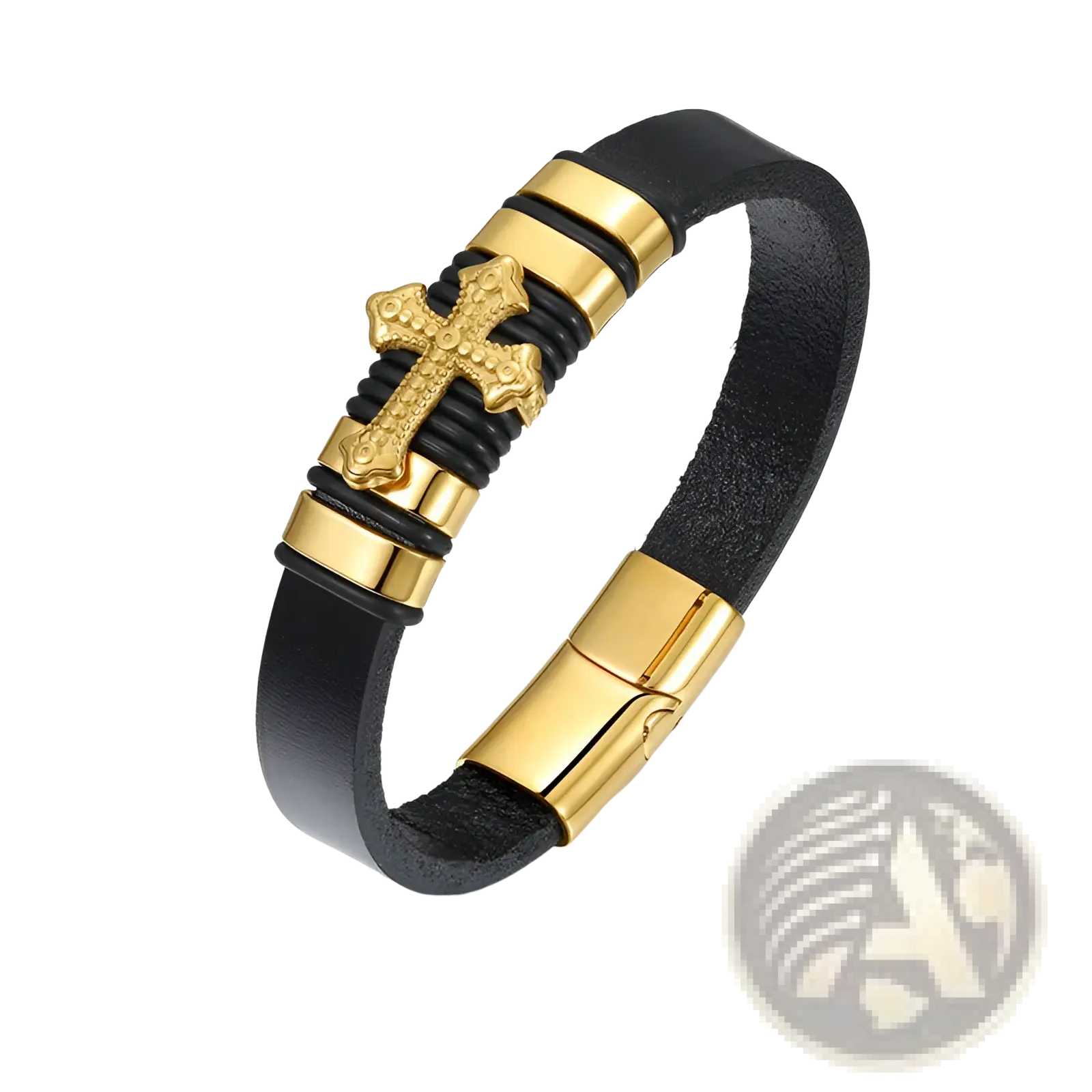 Black leather scorpion bracelet with gold-tone stainless steel cross and gold magnetic clasp for secure wear
