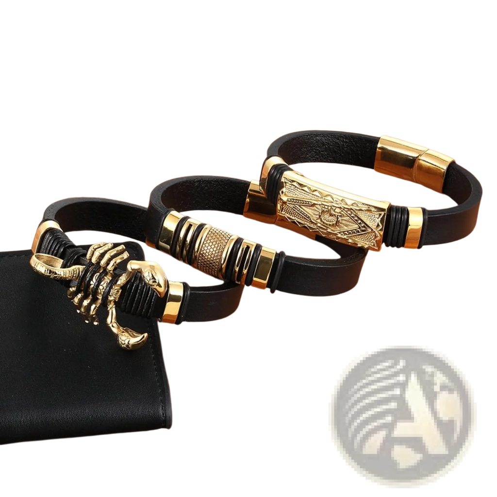 Scorpion leather bracelet in black with gold magnetic clasp and gold-tone metal scorpion-themed charms