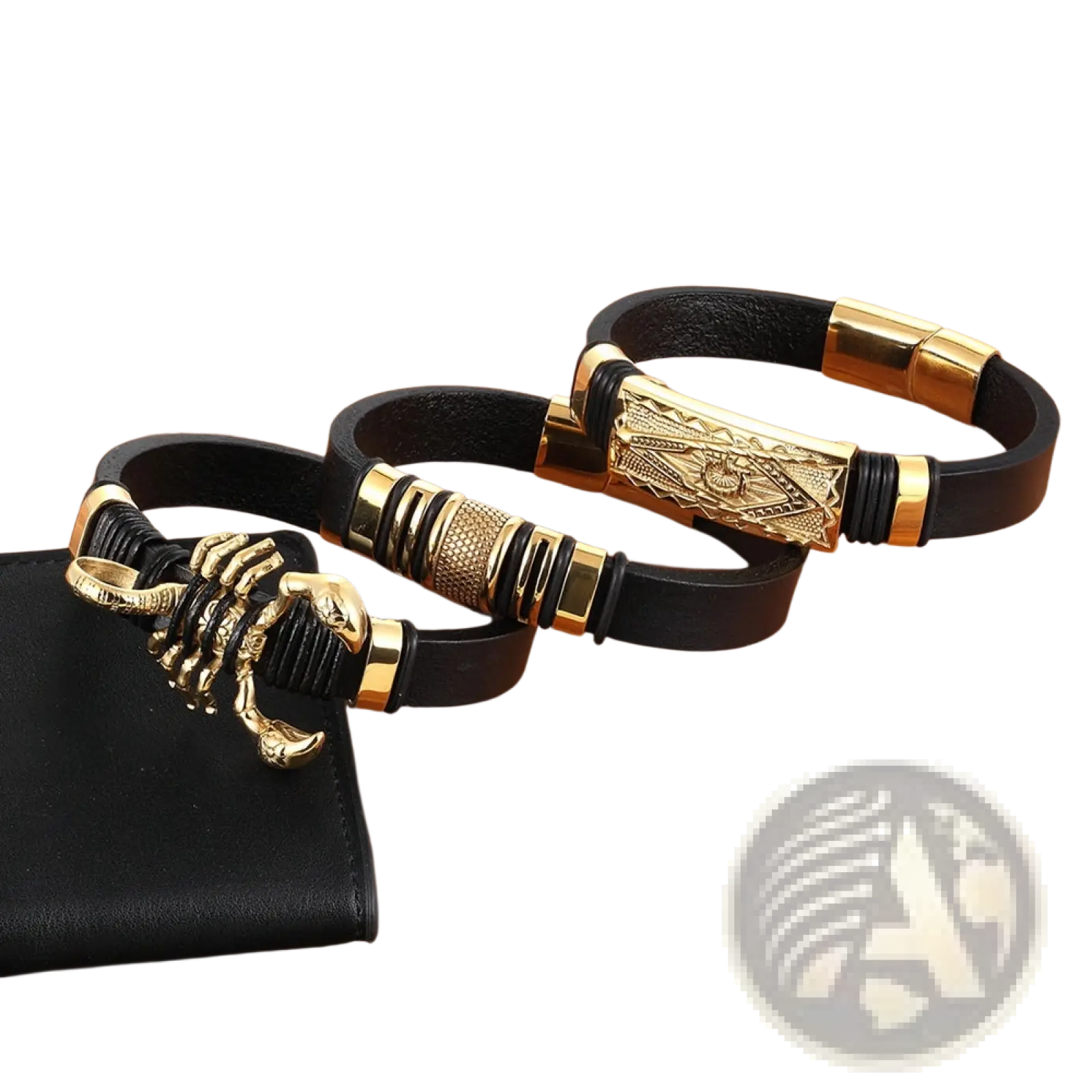 Scorpion leather bracelet in black with gold magnetic clasp and gold-tone metal scorpion-themed charms
