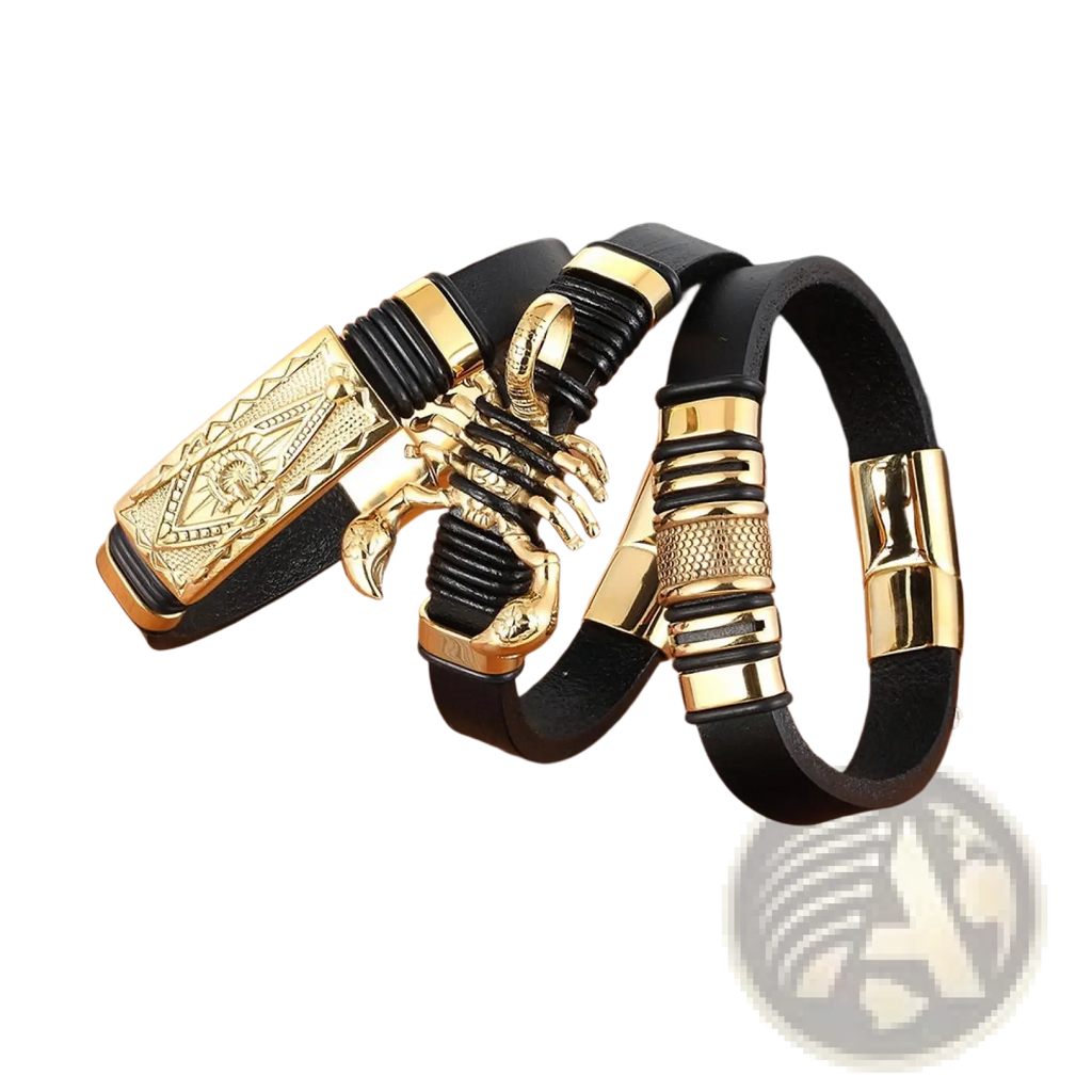 Black leather scorpion bracelet with gold-tone rectangular plate accents and gold magnetic clasp for secure wear