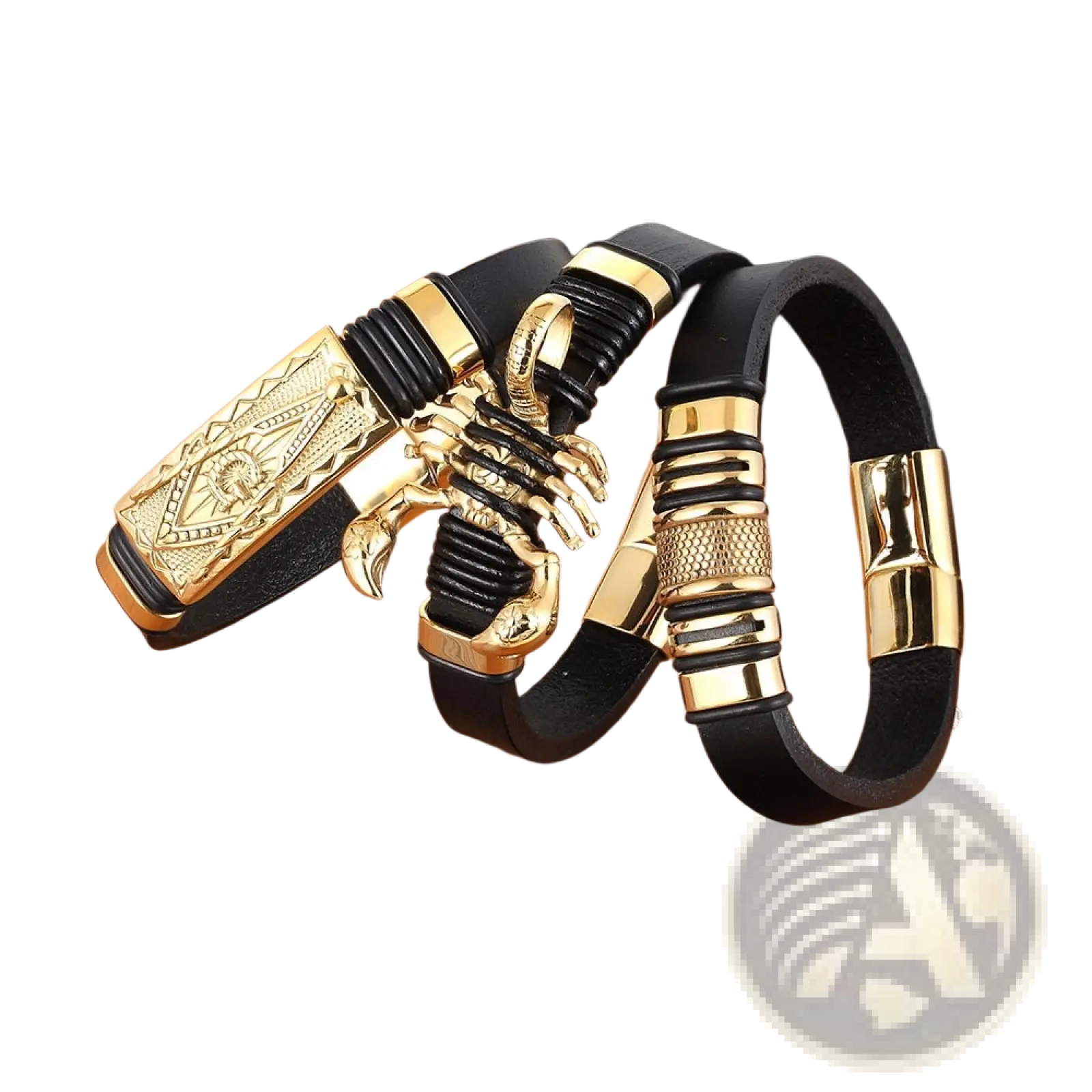 Black leather scorpion bracelet with gold-tone rectangular plate accents and gold magnetic clasp for secure wear