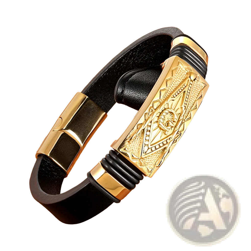 Black leather scorpion bracelet with gold magnetic clasp featuring intricate geometric and sunburst designs