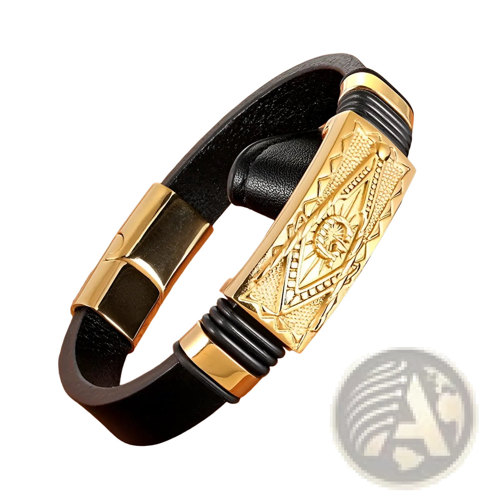Black leather scorpion bracelet with gold magnetic clasp featuring intricate geometric and sunburst designs