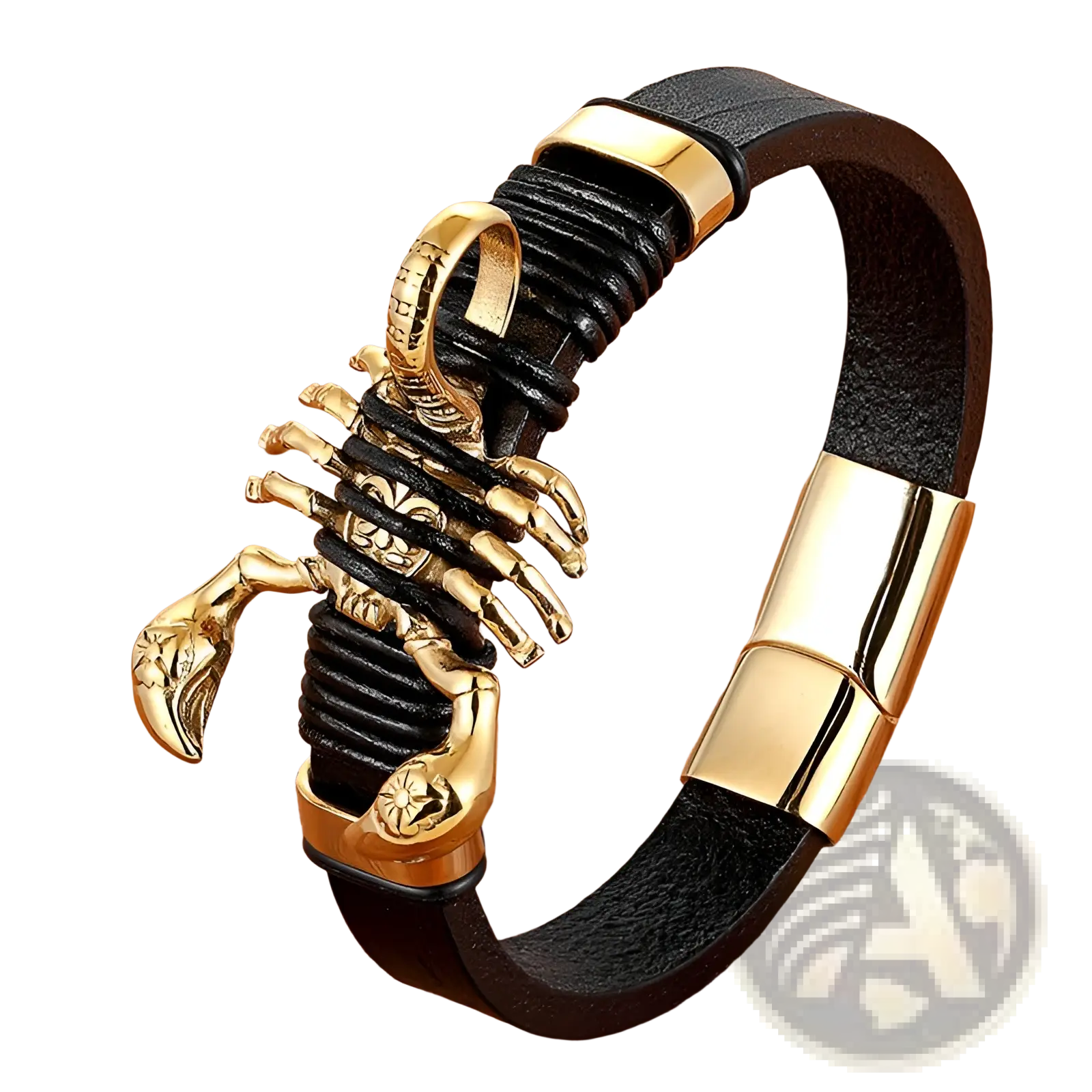 Black leather bracelet featuring a gold-toned scorpion charm with a magnetic clasp for secure closure