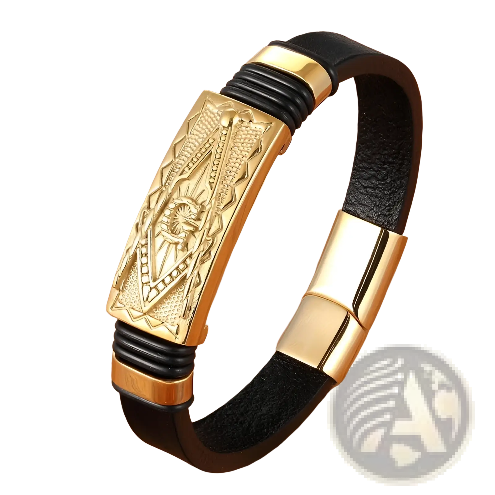 Black leather scorpion bracelet with gold magnetic clasp and engraved sunburst metal plate on front side