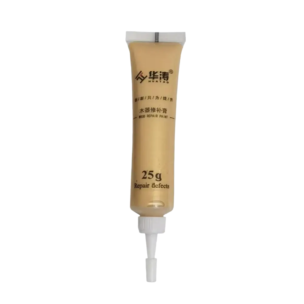 A 25g tube of beige huatag wood repair paste with a white nozzle for touch-up paint and complementary paint use