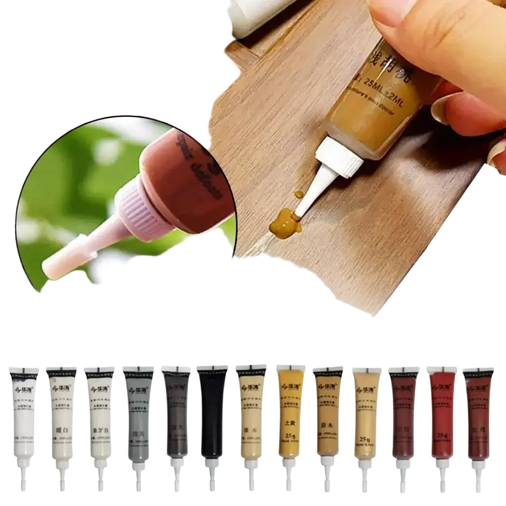 Beige 25ml tube of wood filler repair paste with white cap and fine nozzle for scratch repair and touch-up paint