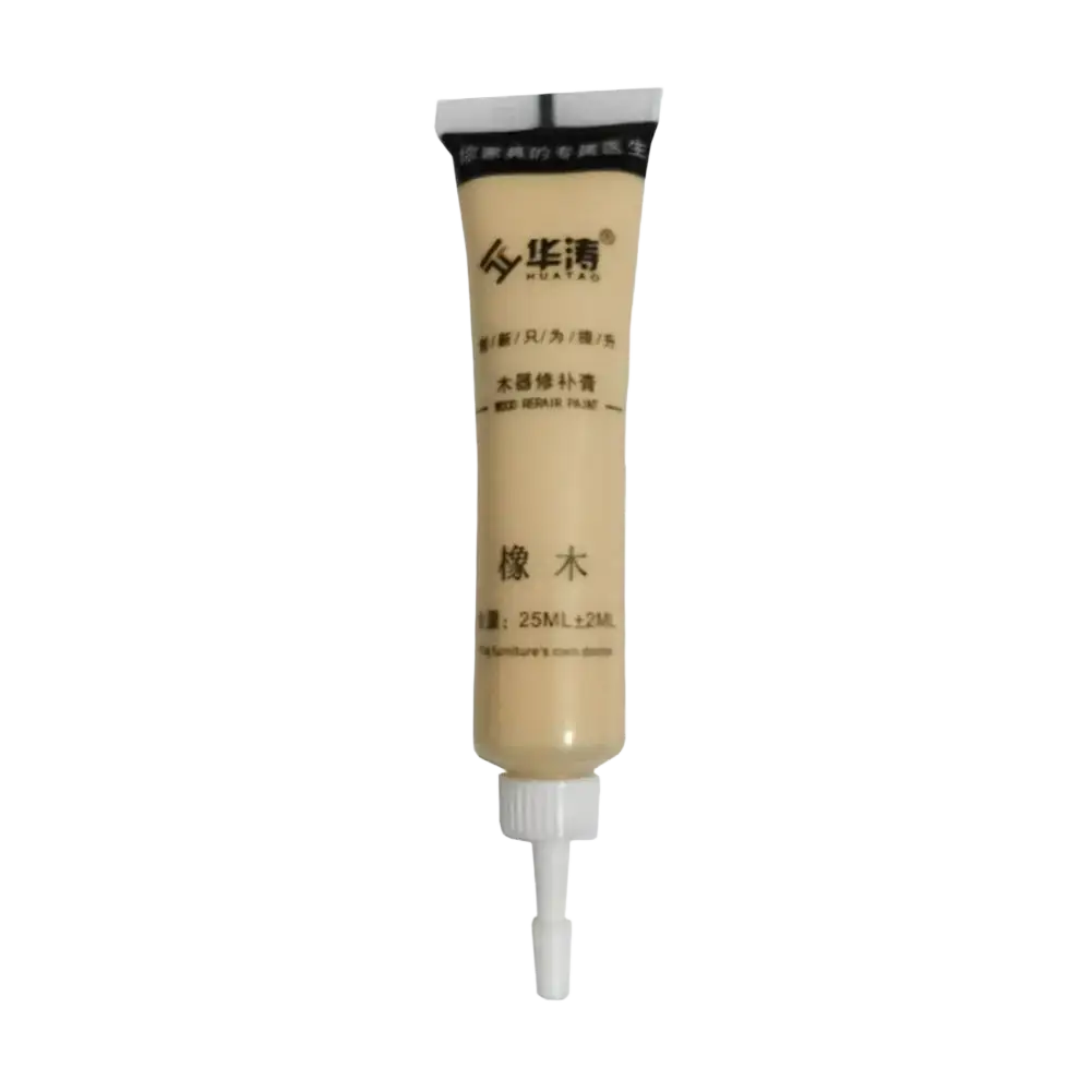 A beige tube of Huatong wood repair paste with white nozzle and black label for scratch repair and touch-up paint