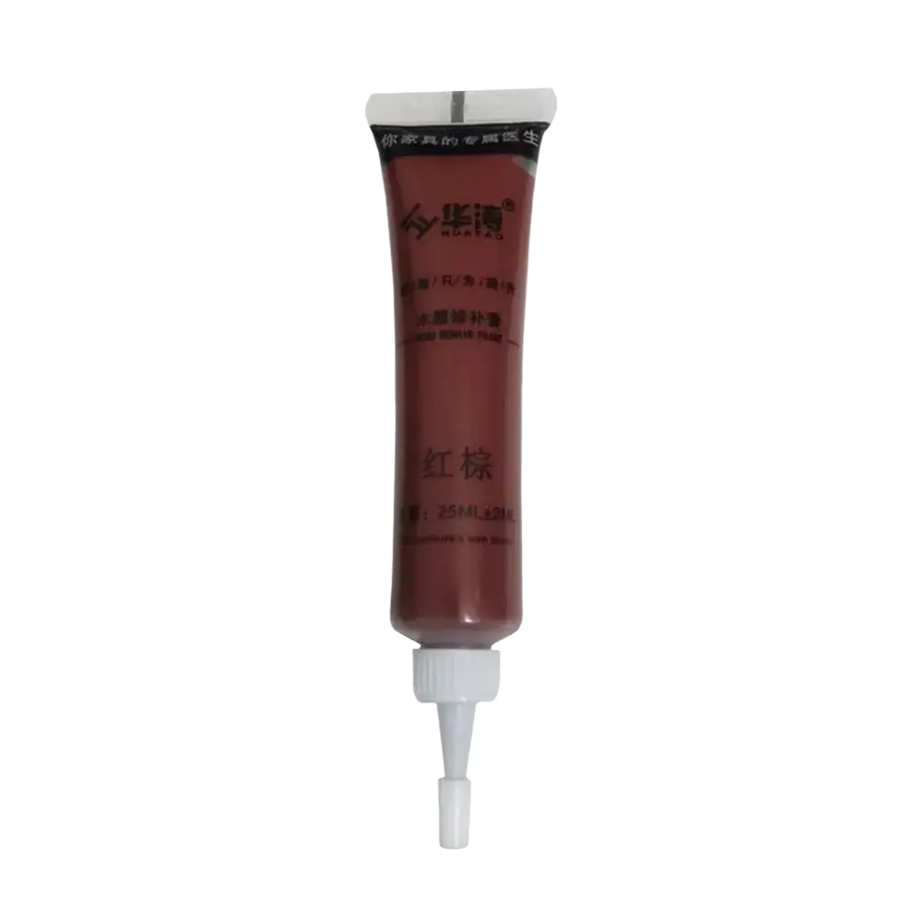 A reddish-brown 25ml tube of scratch repair paste and touch-up paint with white cap and nozzle for shoe repair