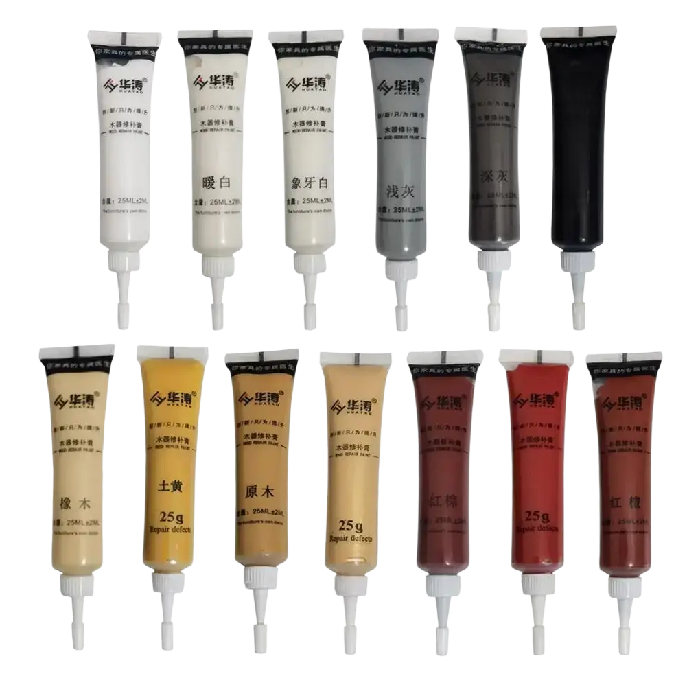 Set of ten 25g tubes of wood repair paste and complementary touch-up paint in multiple colors including white and brown