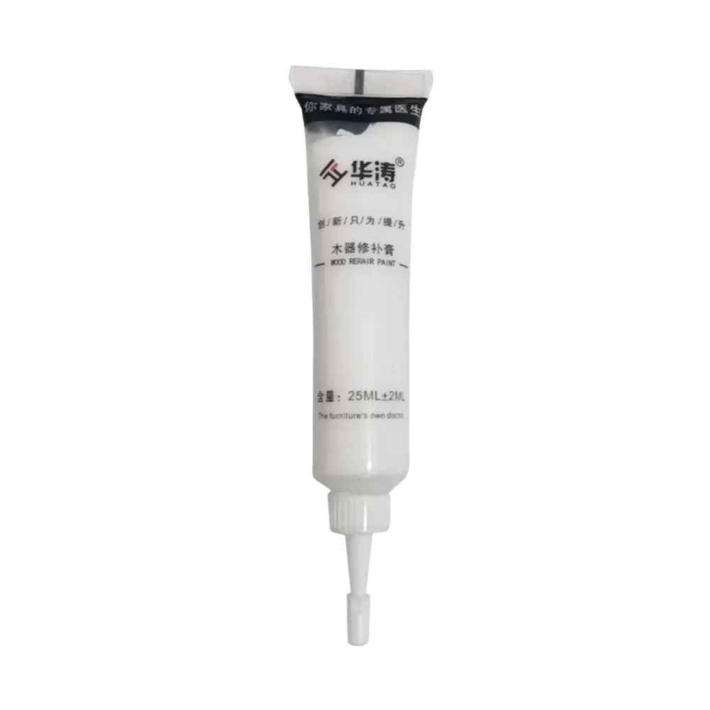 White tube of Huatao brand wood repair paste with fine nozzle tip for touch-up paint and complementary paint use