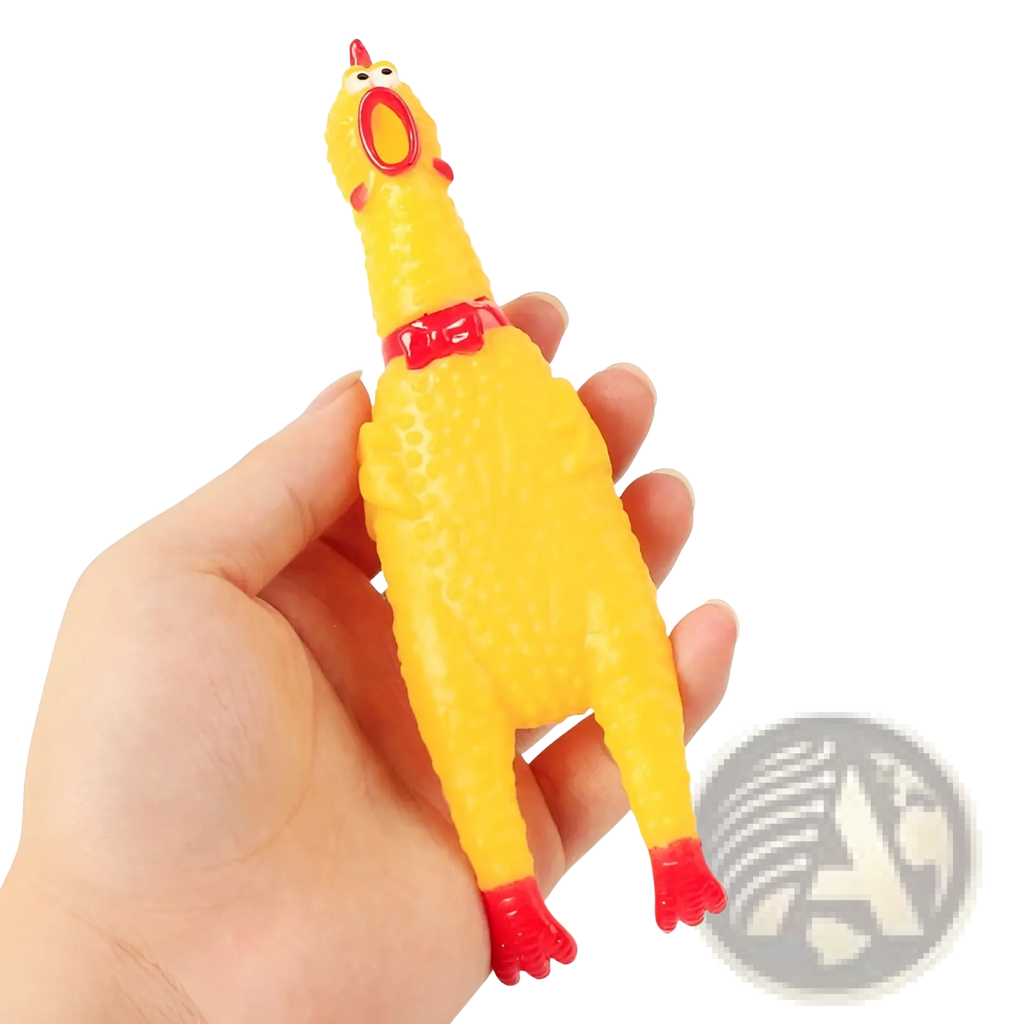 Yellow rubber chicken stress reliever with red beak feet and collar squeaky toy for stress relief