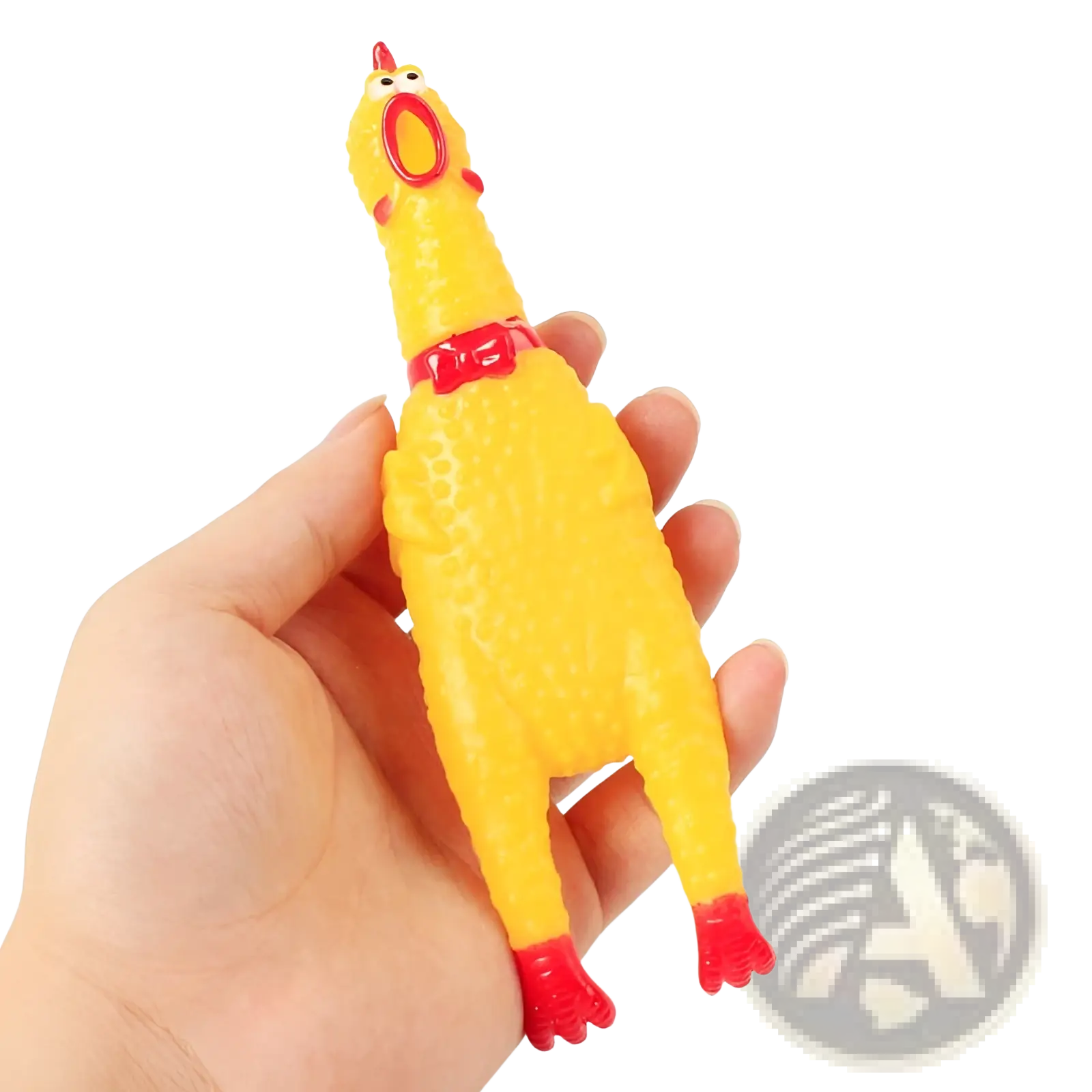 Yellow rubber chicken stress reliever with red beak feet and collar squeaky toy for stress relief