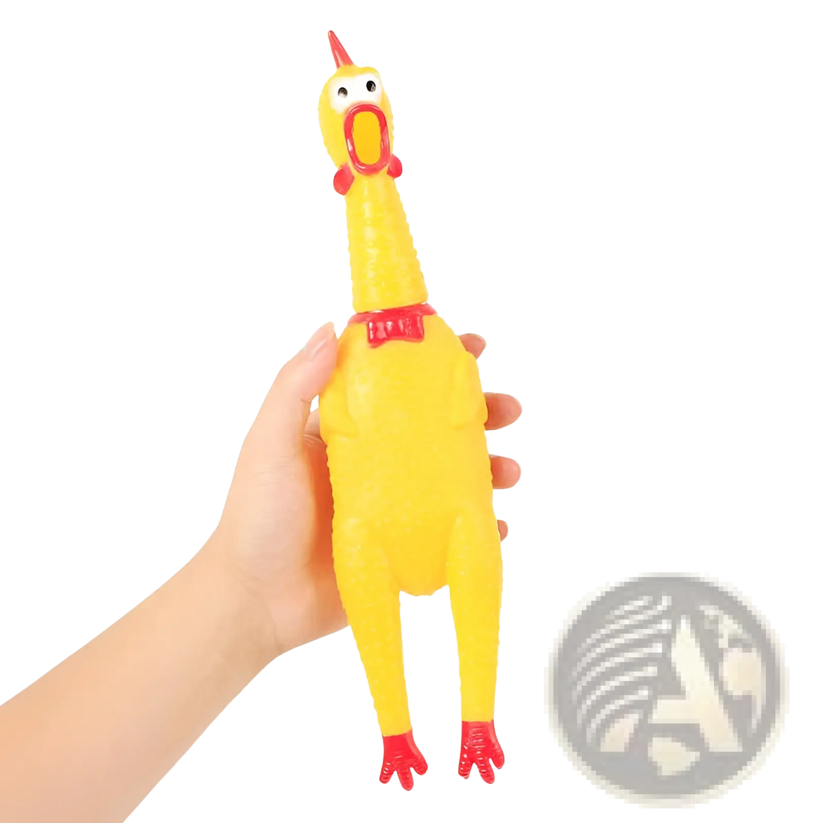 Yellow rubber screaming chicken toy with red beak feet and collar made of squeaky material for stress relief