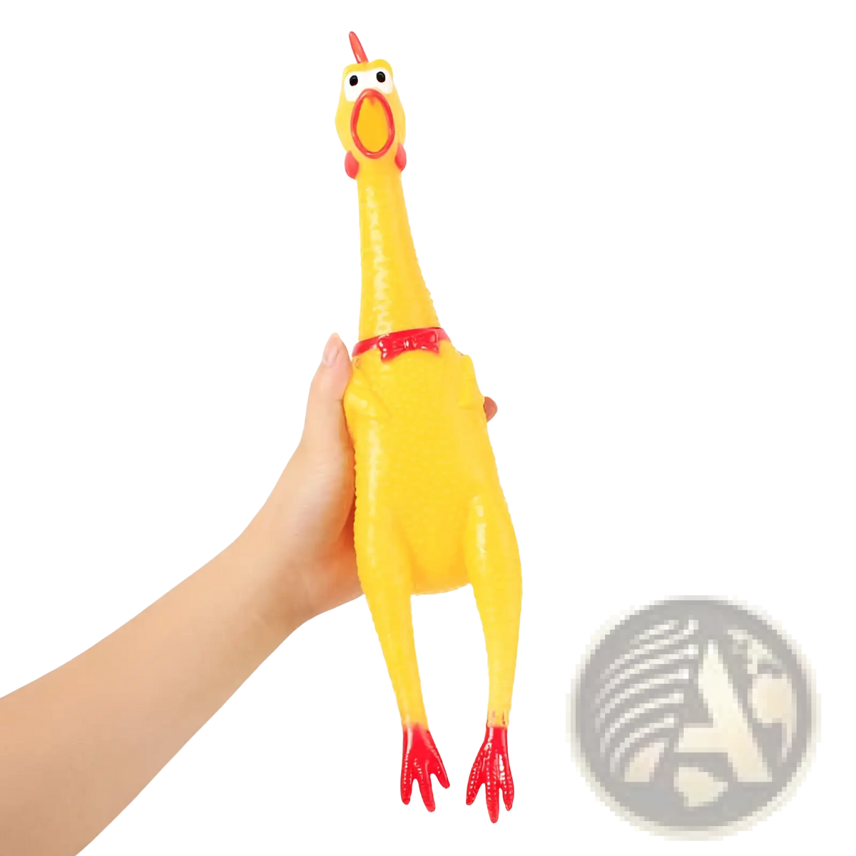 Yellow rubber screaming chicken squeaky toy with red beak comb legs and bow tie for stress relief