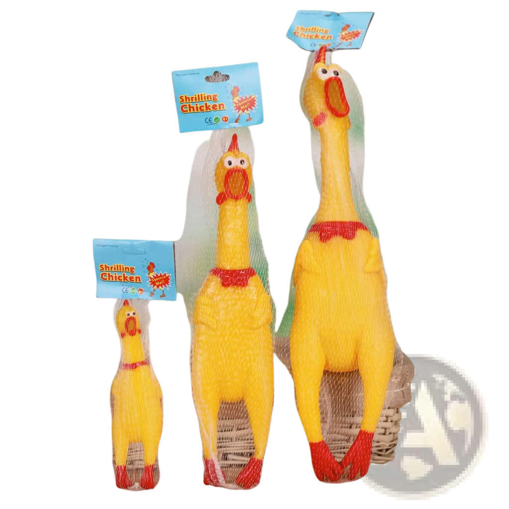 Yellow rubber screaming chicken squeaky toy with red beak feet and collar used as a stress reliever
