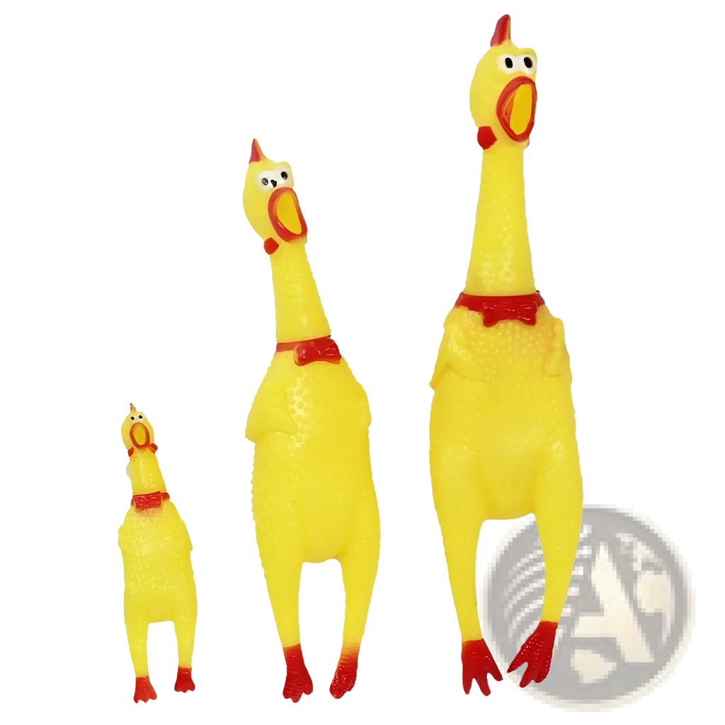 Three yellow rubber chicken squeaky toys with red beaks wattles and feet for stress relief and fun play