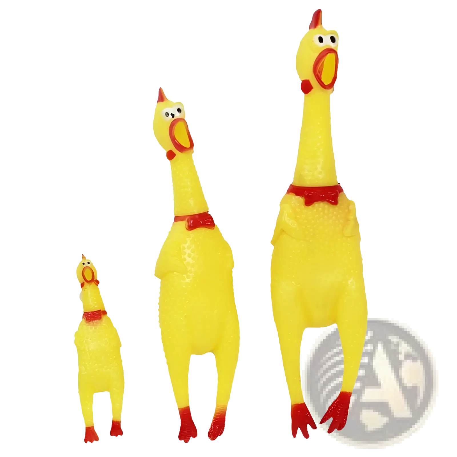 Three yellow rubber chicken squeaky toys with red beaks wattles and feet for stress relief and fun play
