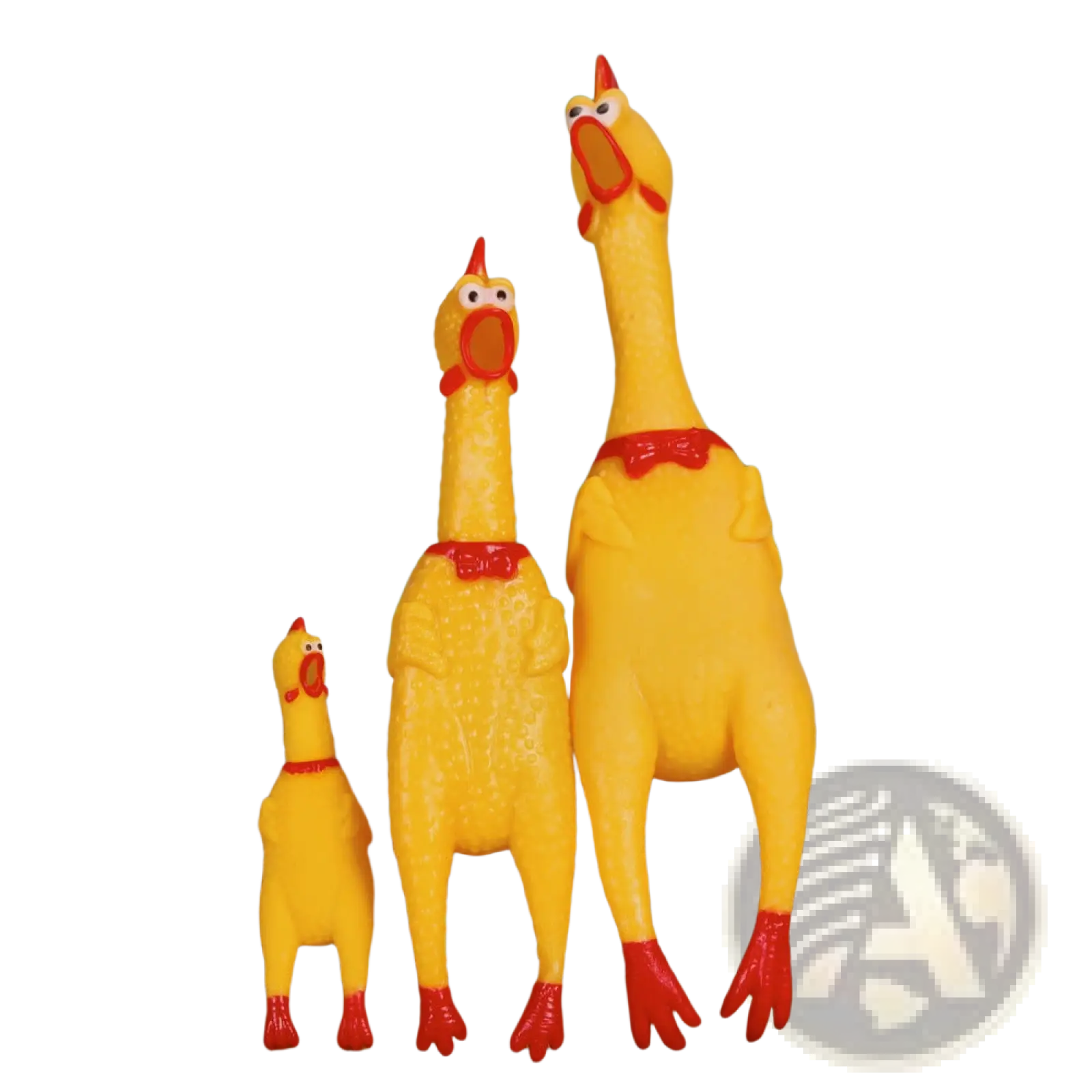 Three yellow rubber chicken squeaky toys with red beaks feet and collars for stress relief and squeezing