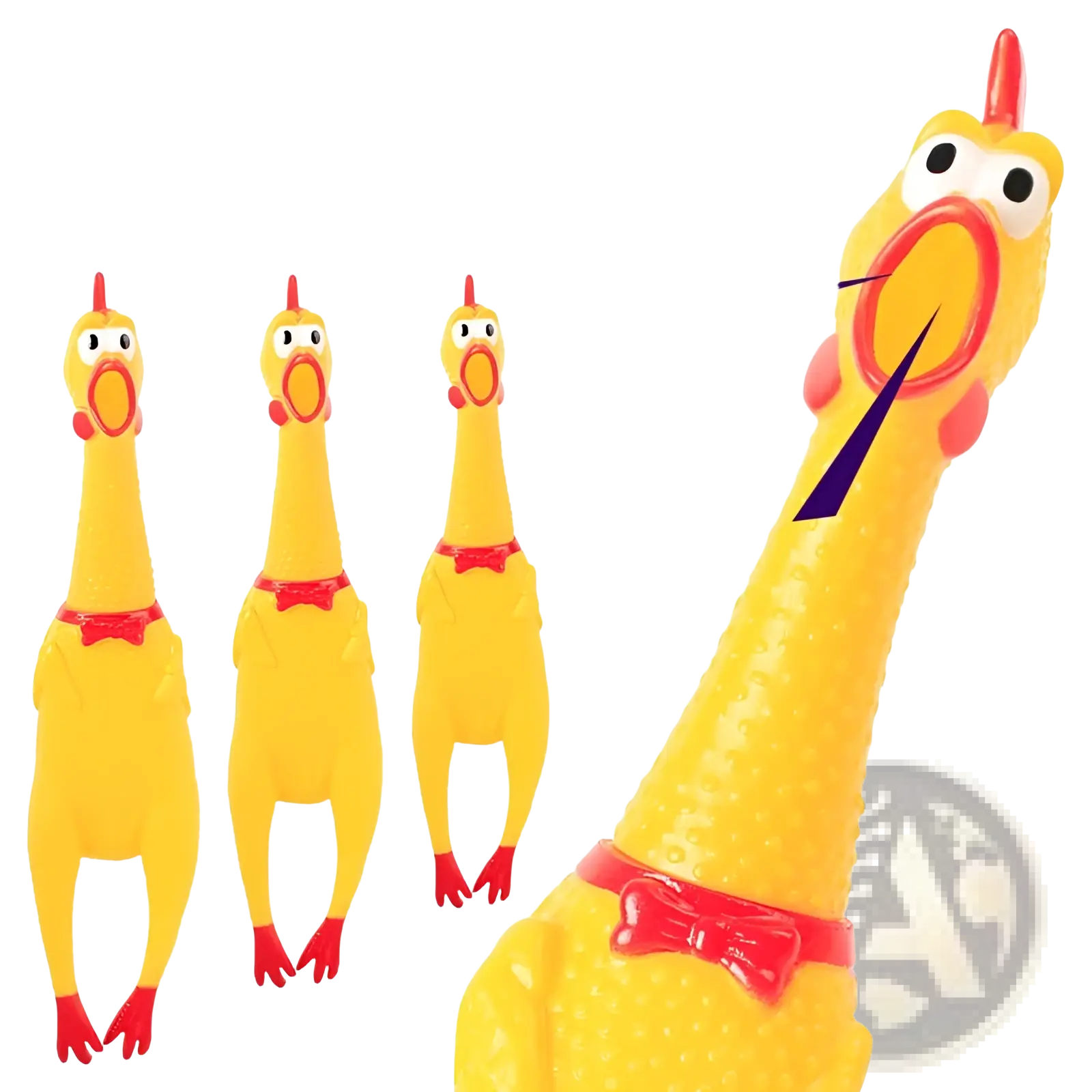 Screaming chicken yellow rubber squeaky toy with red bowtie and comb designed as a stress reliever