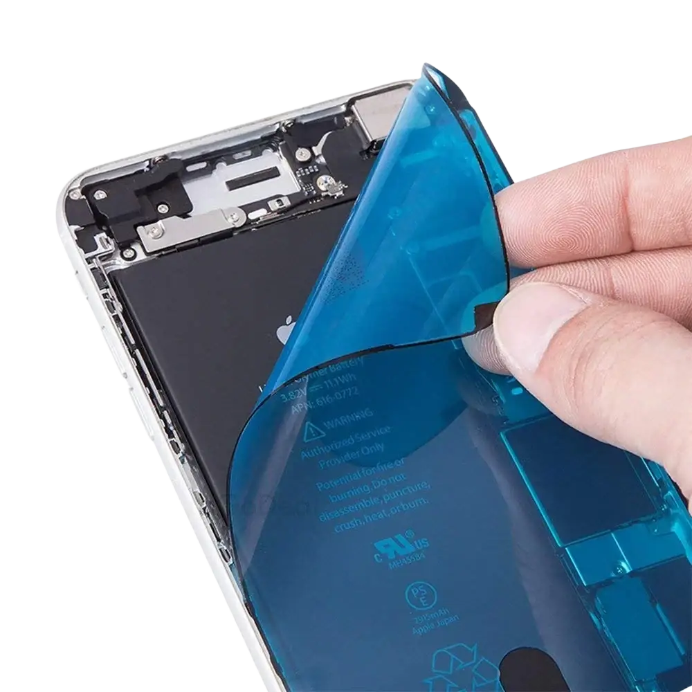 Blue transparent protective film being peeled from iphone battery showcasing screen adhesive strips for pro max water seal replacement