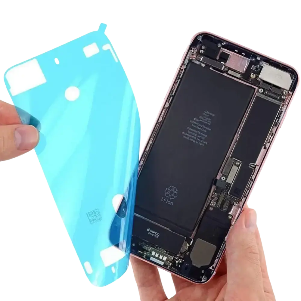 Pink iphone 12 pro with screen adhesive strips and blue screen protector held for waterproof seal replacement application