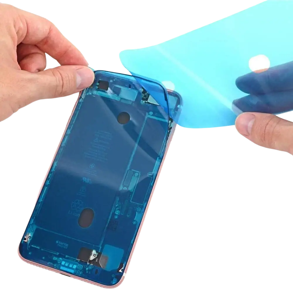 Rose gold iphone 7 back panel with blue protective film being peeled showing screen adhesive strips for max water seal replacement