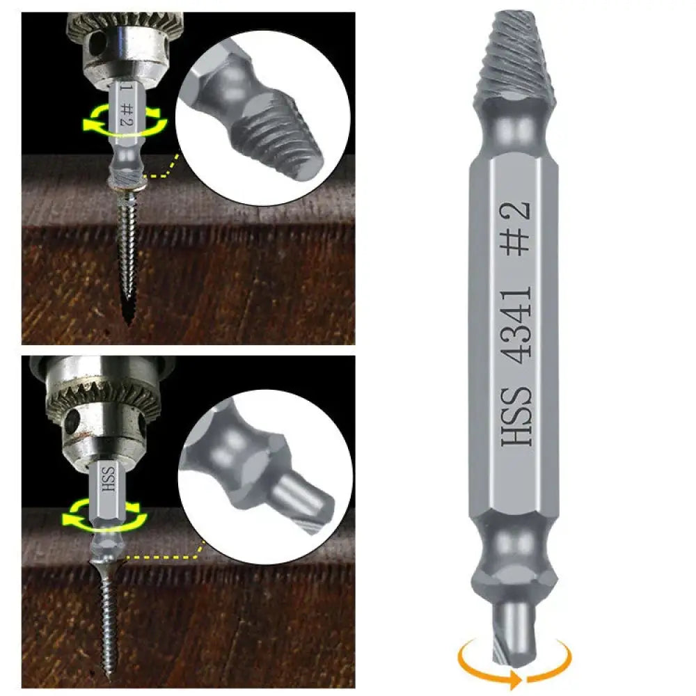 Silver hss 4341 #2 screw extractor tool with threaded tip and hexagonal shaft in a 6-piece precision repair set