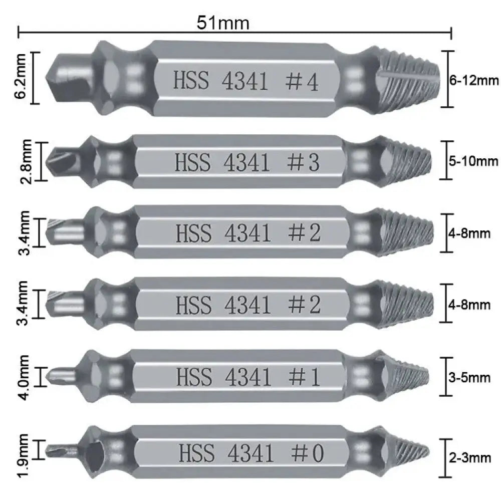 Set of six silver hss 4341 precision screw extractor bits with varying sizes and threaded tips for repair use