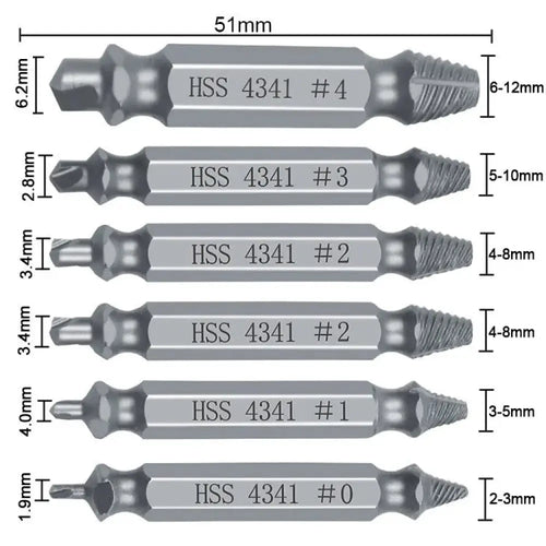 Set of six silver hss 4341 precision screw extractor bits with varying sizes and threaded tips for repair use
