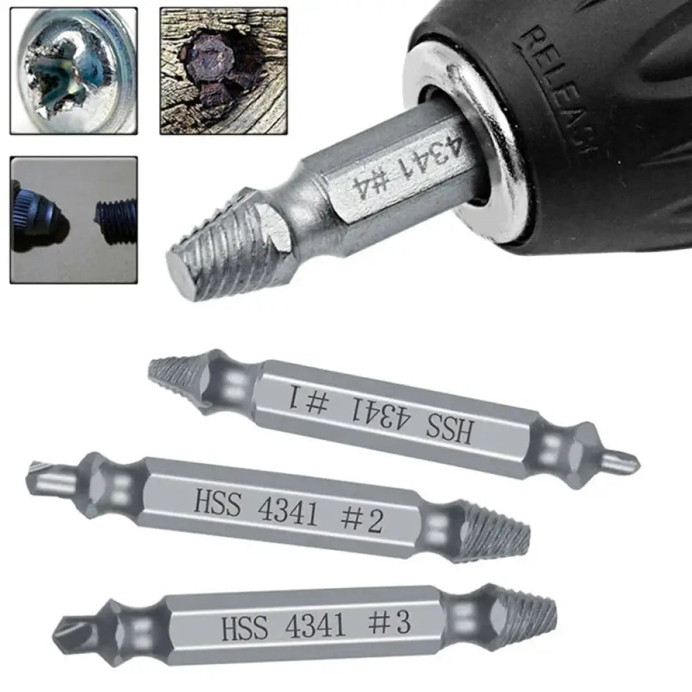 Set of three precision hss 4341 screw extractor bits with threaded pointed tips marked 1 2 and 3 for repair use