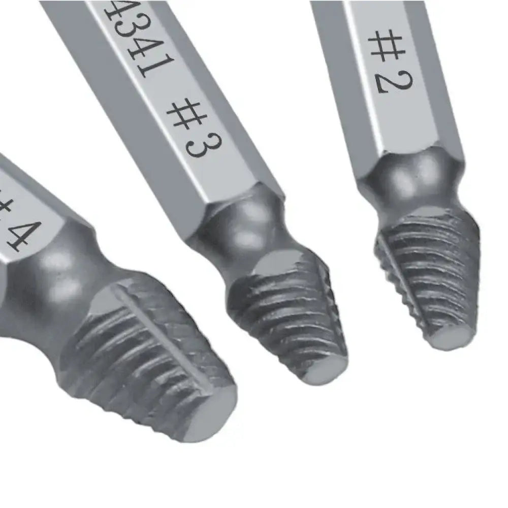 Silver metal thread repair tools with engraved size markings in a 6-piece precision hss screw extractor and repair bit set