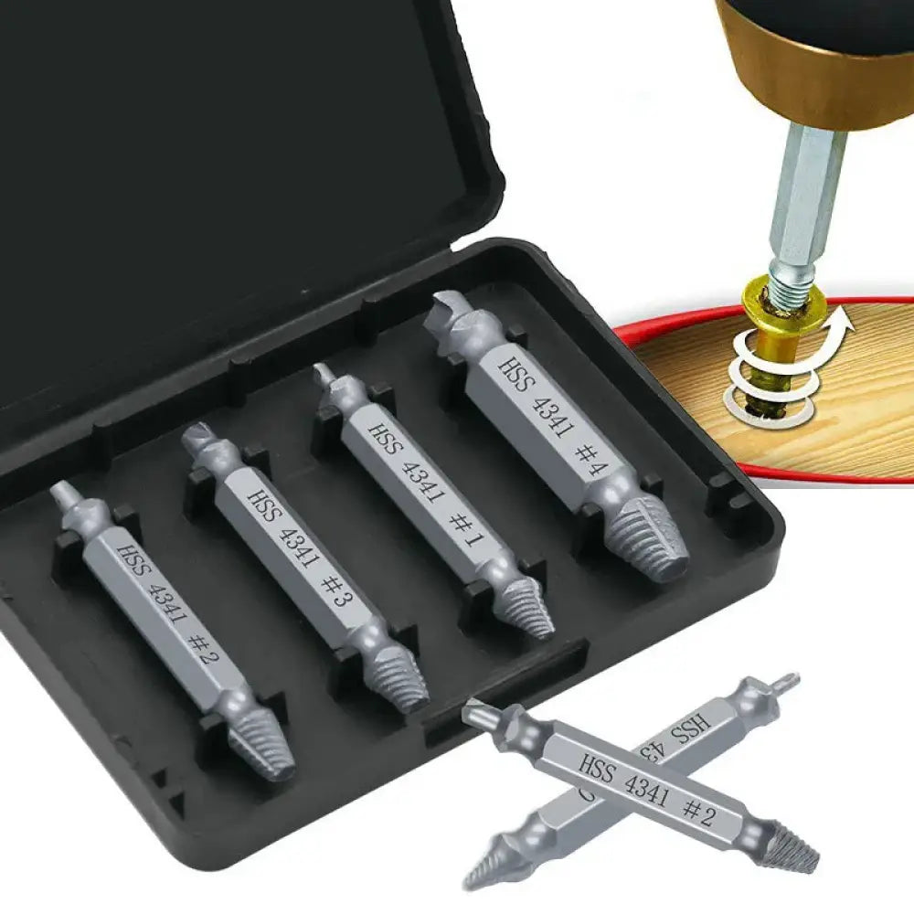 Set of four silver hss 4341 screw extractors with two additional repair bits in a black case for precision use